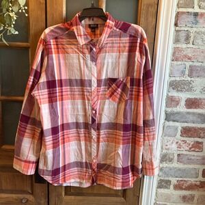 ana A New Approach Womens Plaid‎ Long Sleeve Button Down Shirt Peach Burgundy
